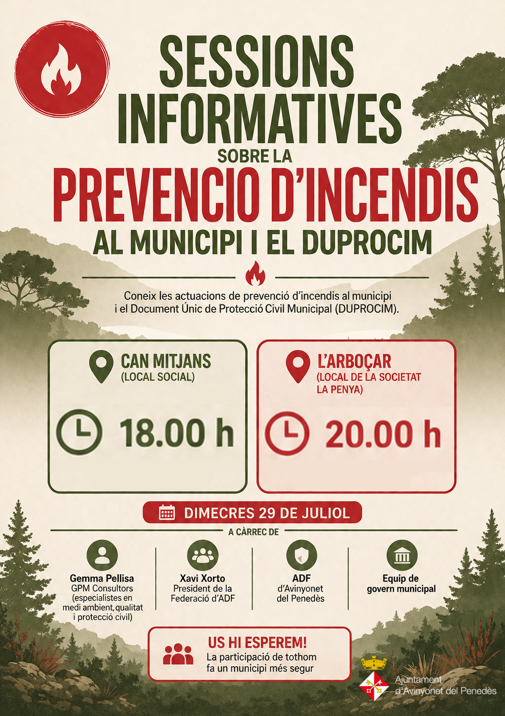 L'Ajuntament organitza dues sessions informatives sobre la prevenció d'incendis forestals i el DUPROCIM