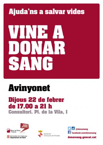 El proper dijous 22 de febrer Vine a donar sang