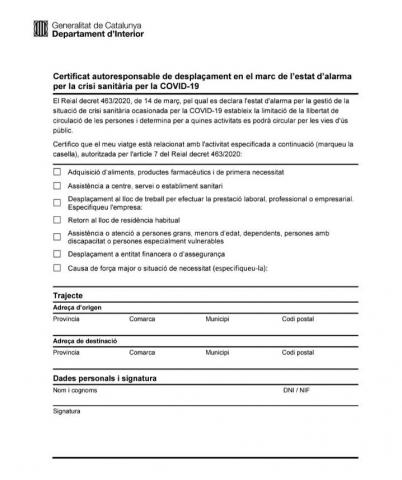 Certificat autoresponsable de desplaçament en el marc de l'estat d'alarma per la crisi sanitària per la COVID-19